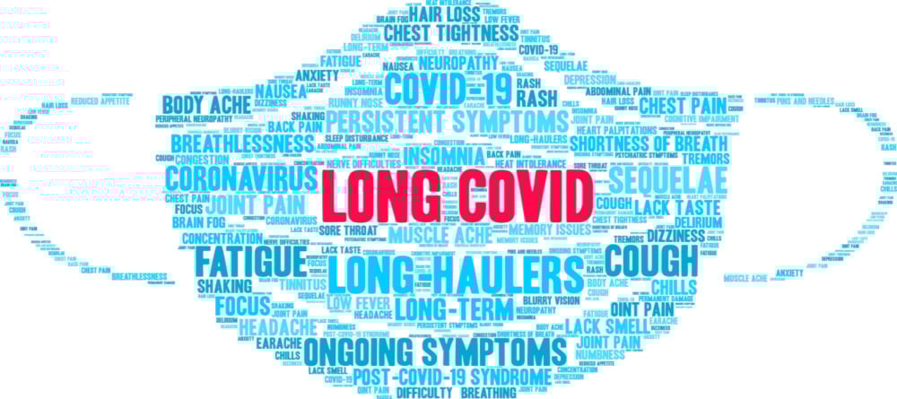 Long COVID symptoms include short-term memory loss, difficulties concentrating, problems recalling words, and brain fog.