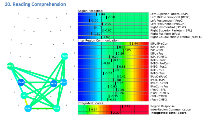 Results from a reading comprehension test and brain scan. 