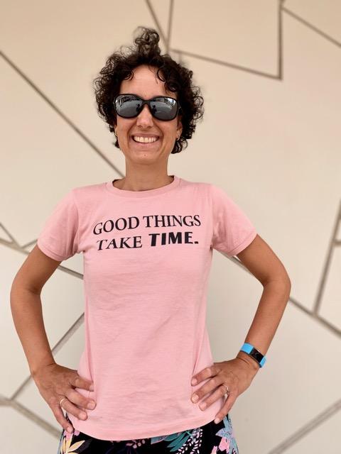 Myrthe took treatment very seriously and it was well worth it! Myrthe pictured here wearing a pink shirt that reads: "Good things take time."