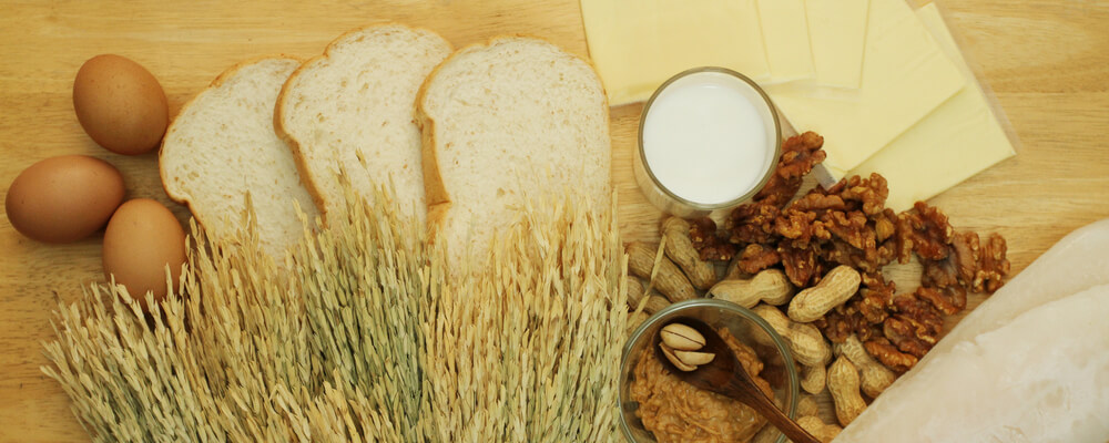 A photo showing grains, bread, nuts, eggs, and cheese.