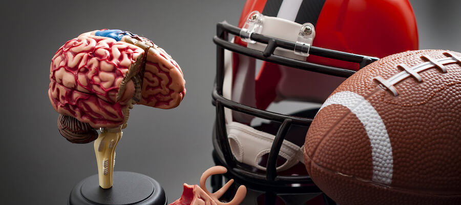 A photo showing a football helmet, a football, and a model of the human brain.