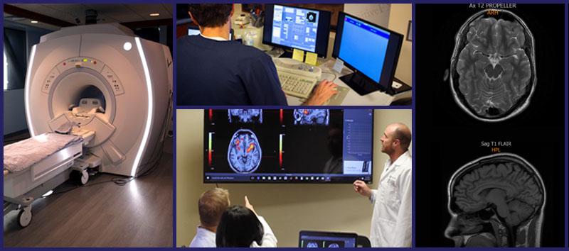 A photo of an fMRI machine along with the brain scans comparing the difference between a standard MRI and an fMRI.