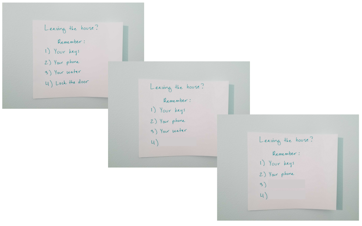 Leaving the house? Remember: (1) Your keys (2) Your phone (3) Your water (4) Lock the doors. Gentle reminders around the house is one way to help someone with a concussion or TBI.
