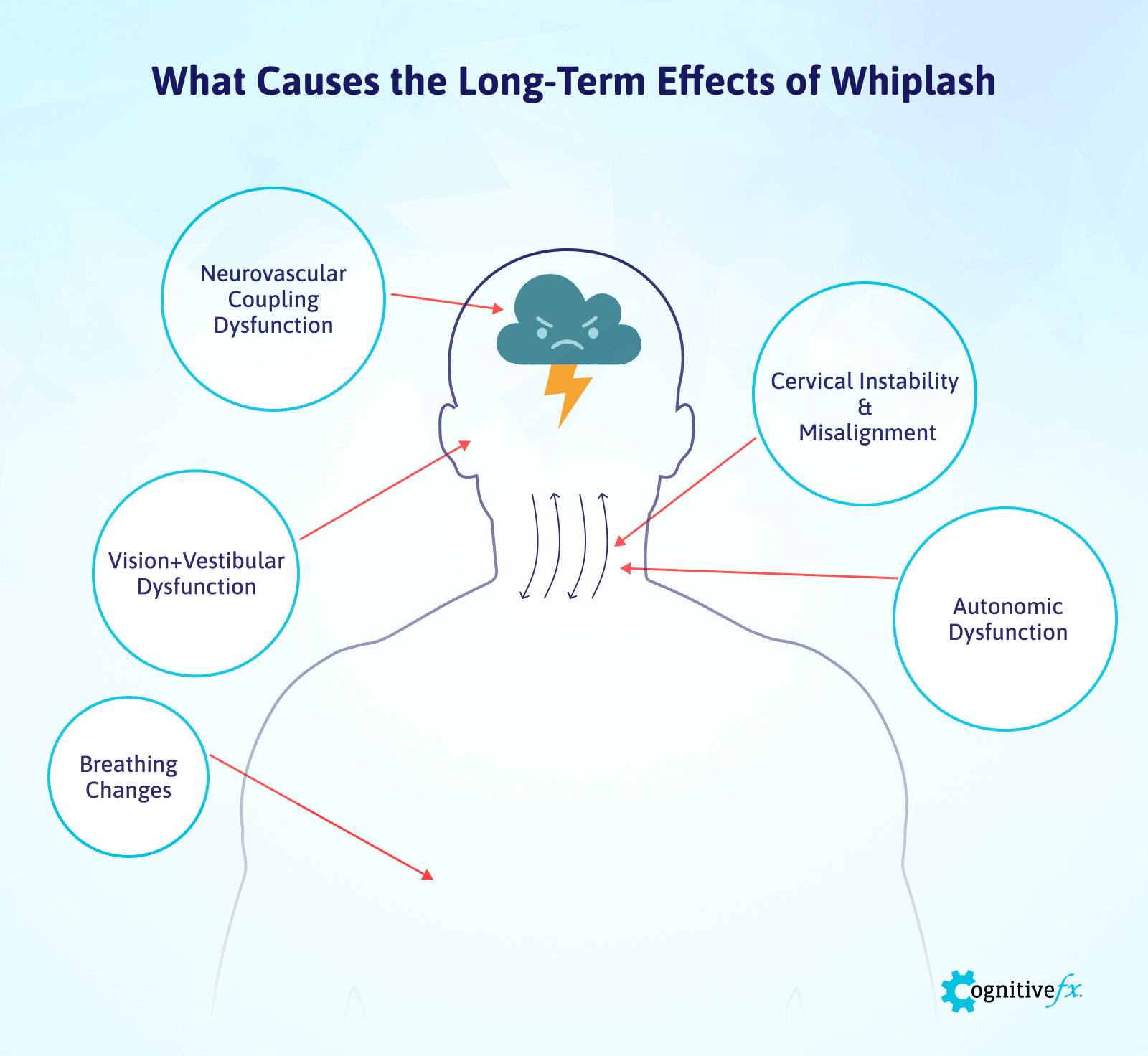 Long-term effects of whiplash can come directly from the neck injury, from vestibular and vision dysfunction, from autonomic dysregulation, and more.