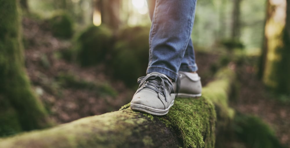 A man balances on a log in the woods.