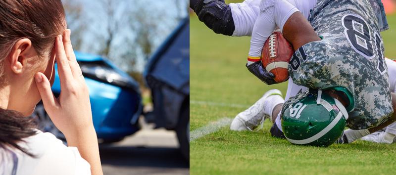 A photo of a person with head pain on one side and a football player falling down in the grass and hitting his head. 