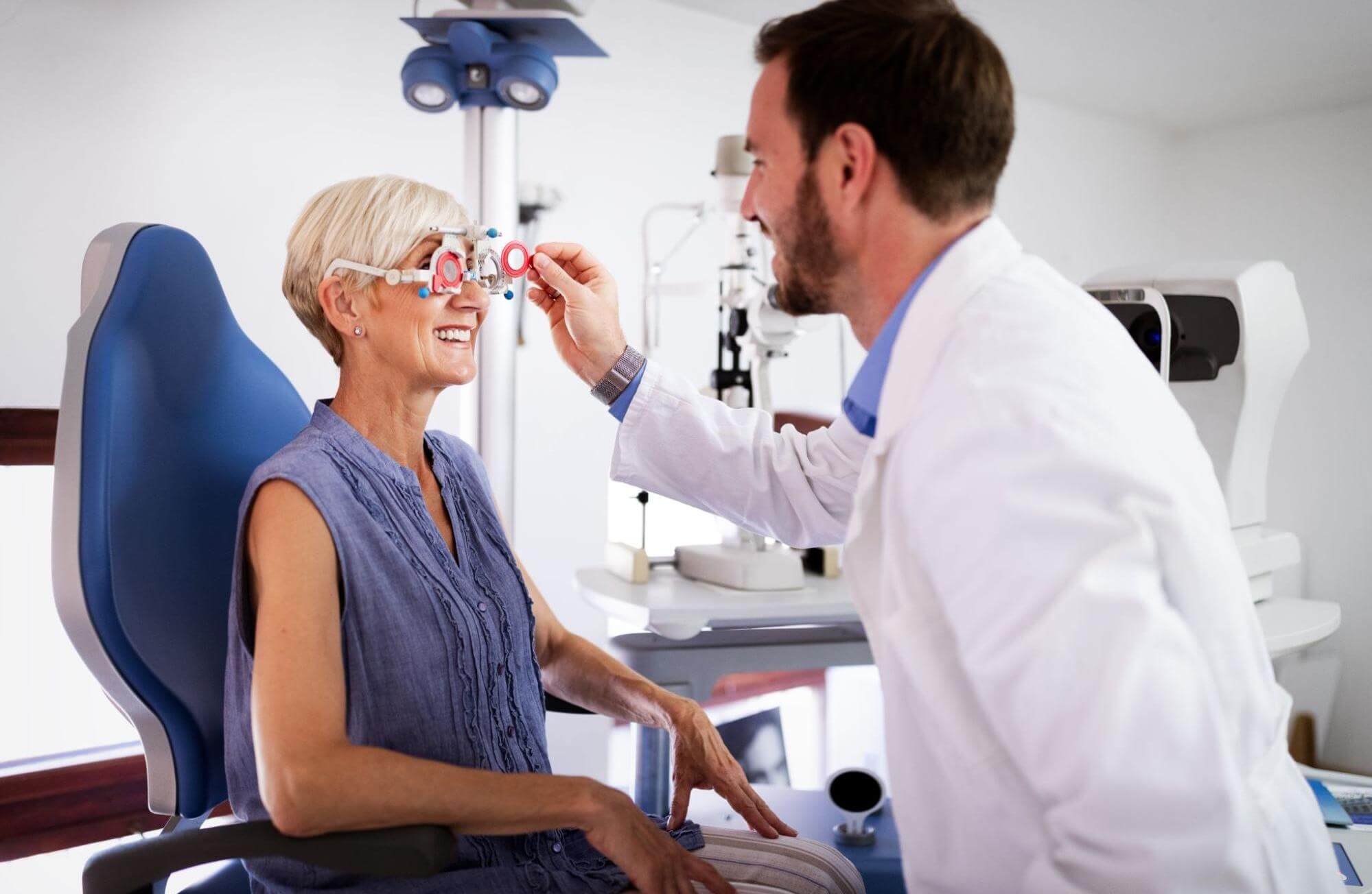 A woman is getting an eye exam at the optometrist